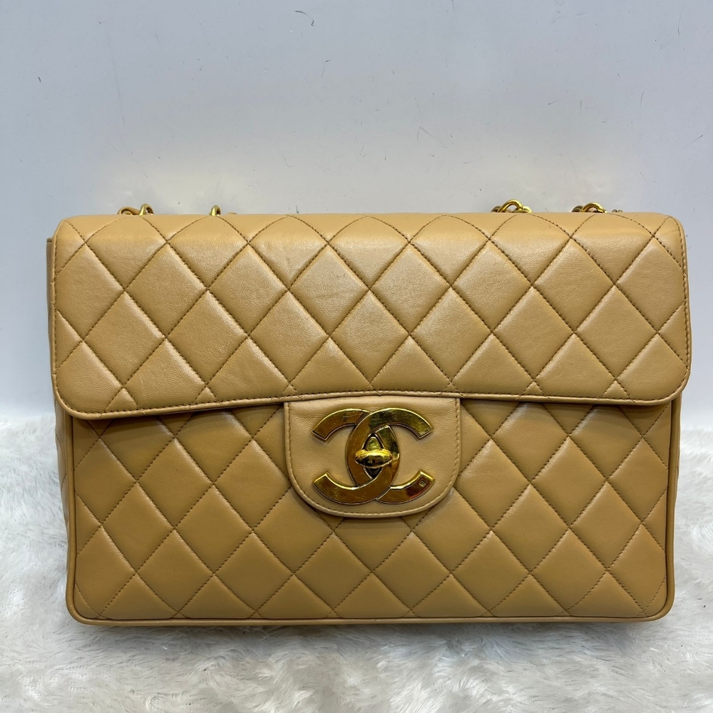 Auth Chanel Classic Beige Lambskin